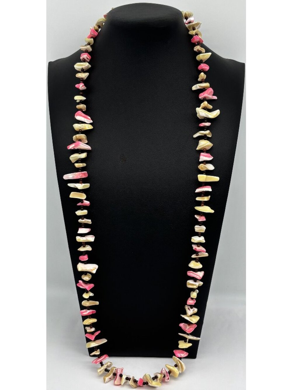 Vintage Shell Chips and Mother Of Pearl Beaded Long Necklace Pink Natural Yellow